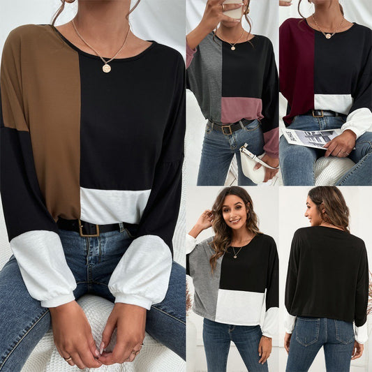 Casual Color Matching Round Neck Pullover Long Sleeve T-shirt